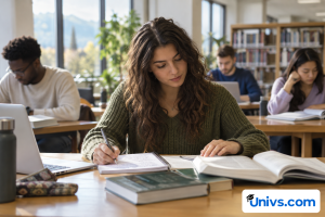 A university-age student studying course materials at a library desk, open notebook and books, engaged thoughtful expression