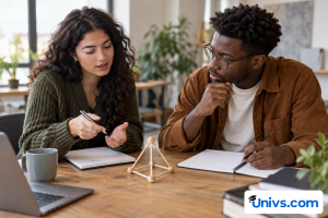 Two students discussing two degree options using separate plain notebooks and a small geometric teaching model