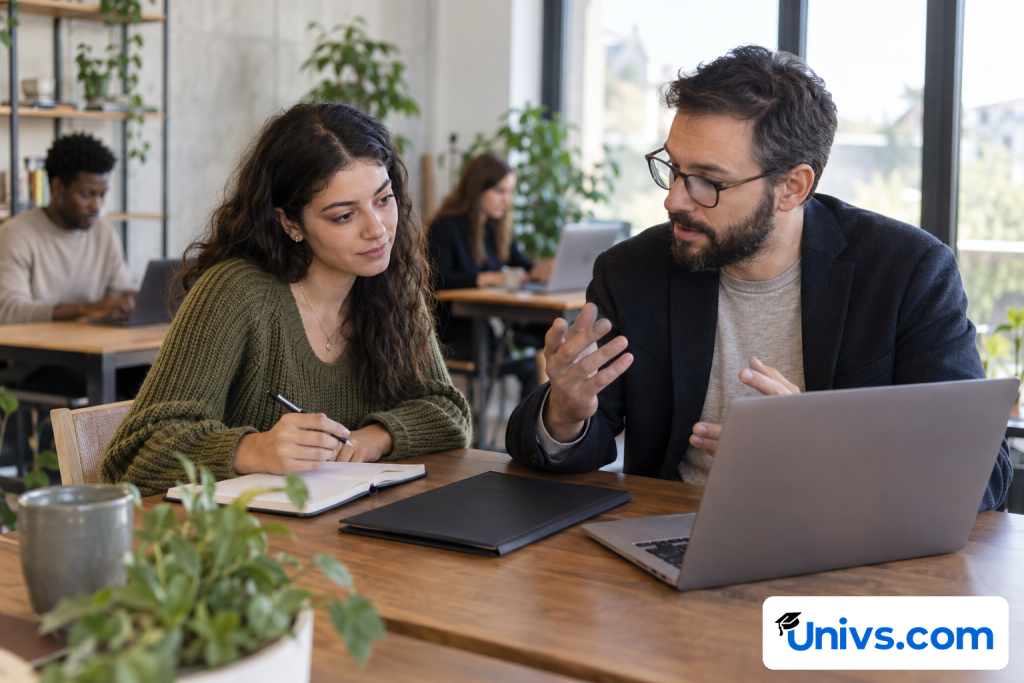A student prepares a career plan with a mentor beside a laptop.