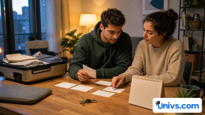Two students plan relocation with blank cards, a suitcase and apartment keys.