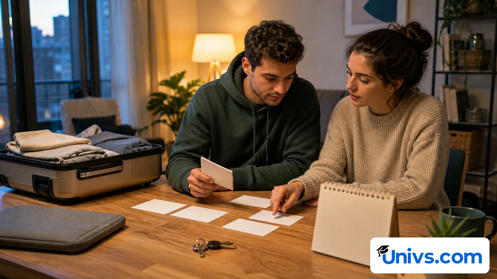 Two students plan relocation with blank cards, a suitcase and apartment keys.