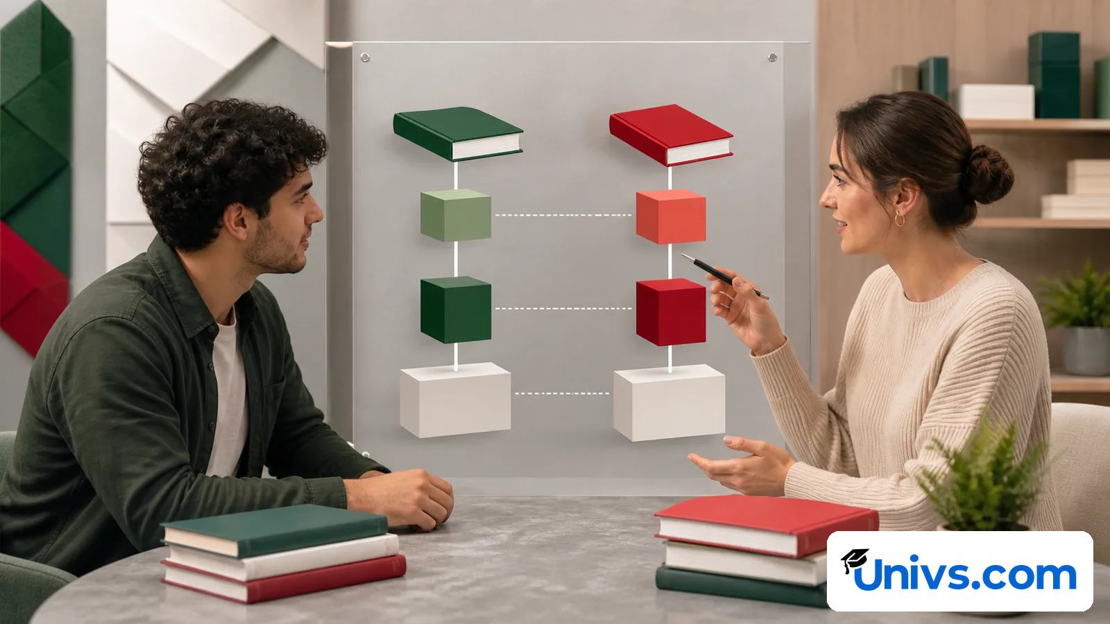 Student and adviser comparing two colour-coded qualification paths made from books and blocks.
