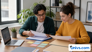 Two students sort blank application papers and coloured planning cards at a desk.