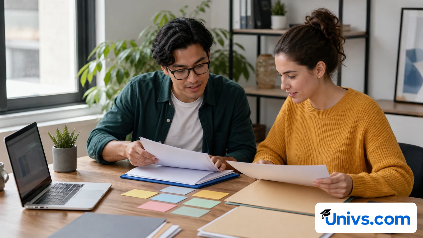 Two students sort blank application papers and coloured planning cards at a desk.