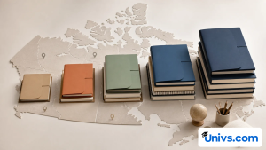 Progressively larger study folders arranged across an abstract map of Canada.