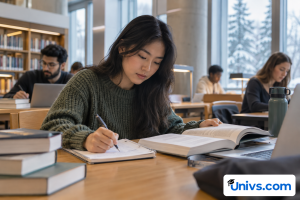 A university-age student studying course materials at a library desk, open notebook and books, engaged thoughtful expression