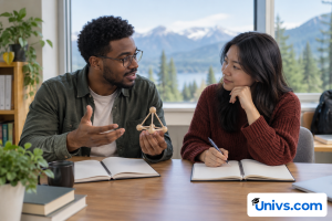 Two students discussing two degree options using separate plain notebooks and a small geometric teaching model