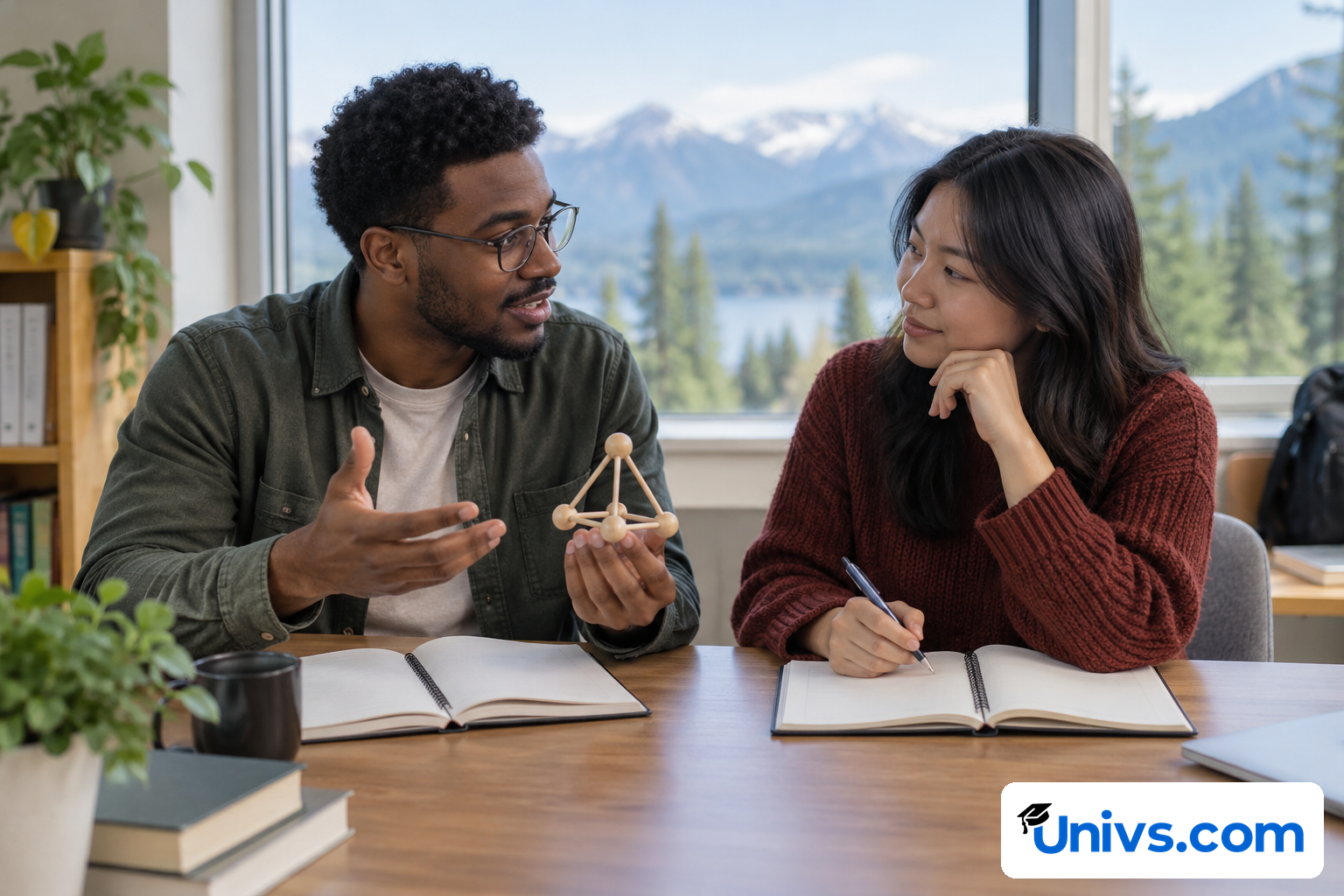 Two students discussing two degree options using separate plain notebooks and a small geometric teaching model
