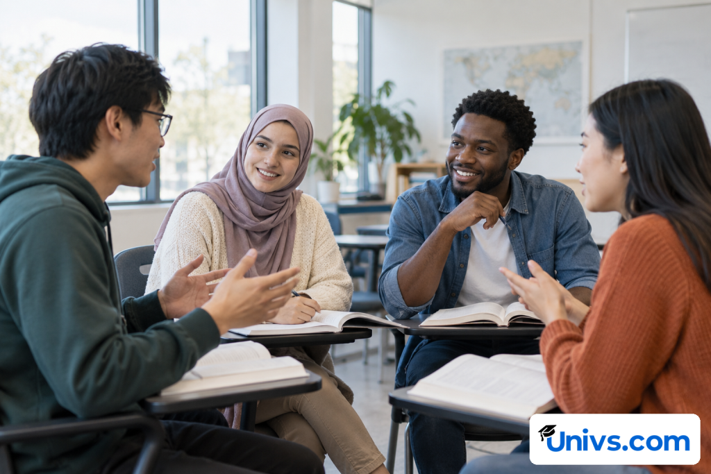 Four students talking around open books in a classroom.