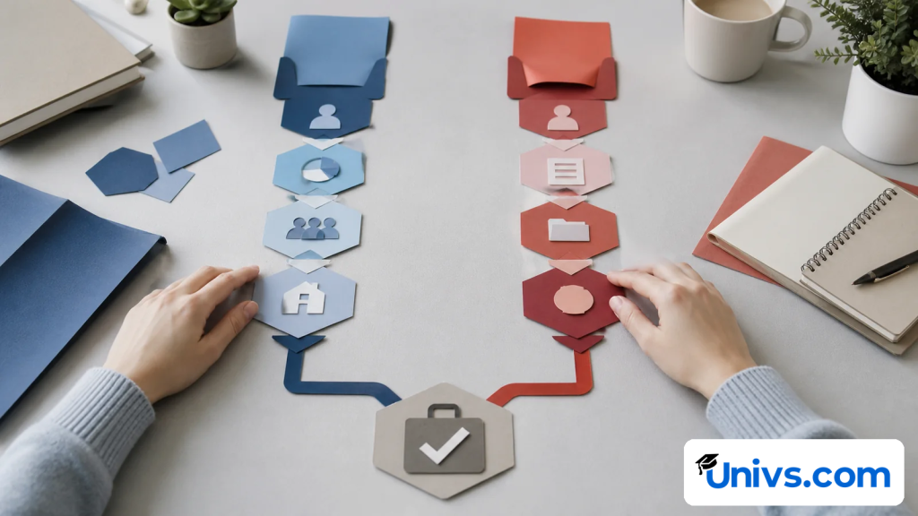 Blue and red document-planning lanes converging at one final student checklist.