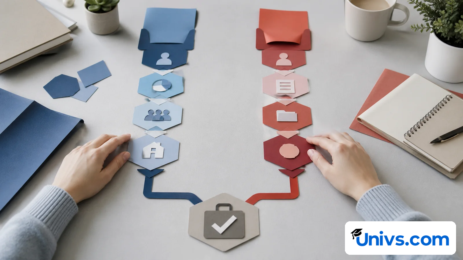 Blue and red document-planning lanes converging at one final student checklist.