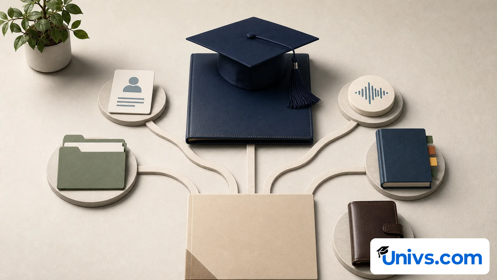 Graduation cap and folder linked to document, language, and planning icons.