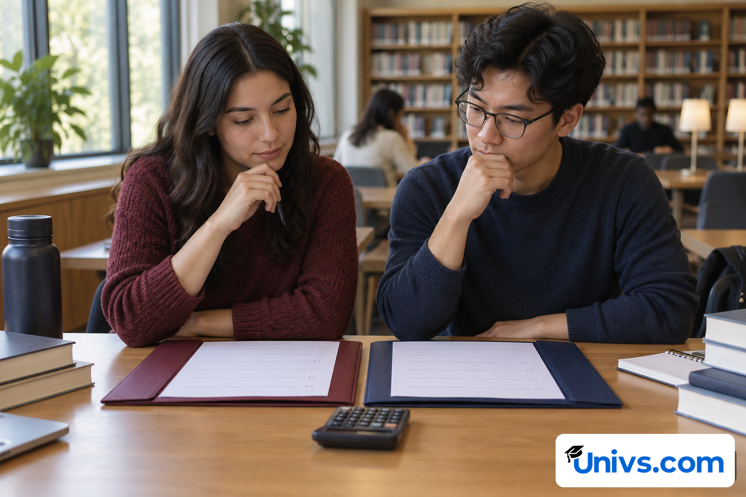 Two students reviewing maroon and navy folders beside course-planning sheets and a calculator.