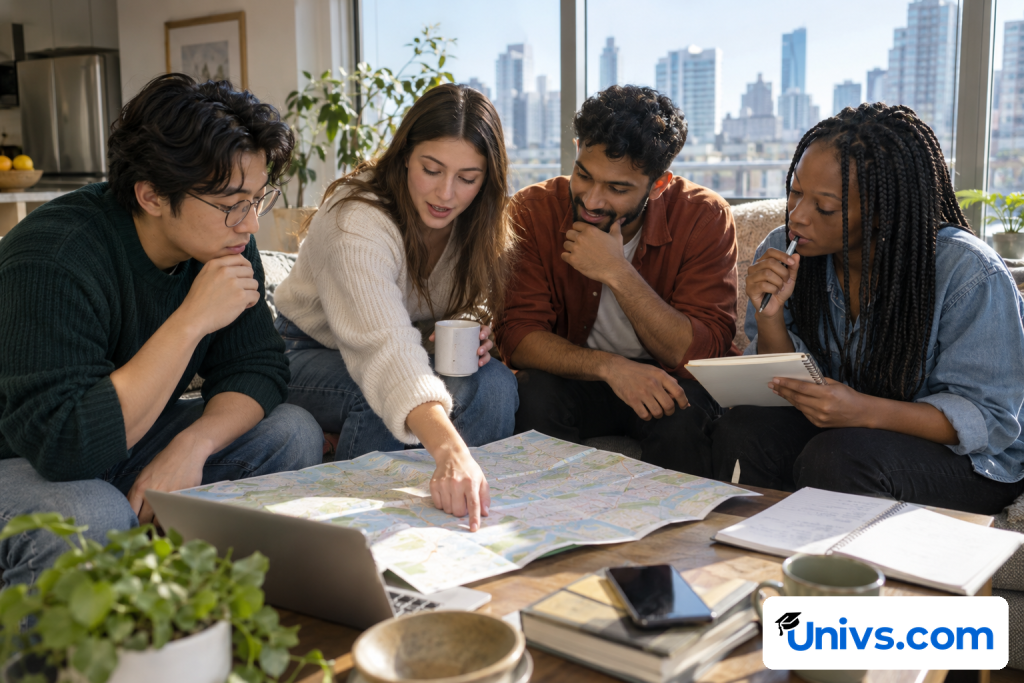 Students comparing city living options using a blank folded map and housing notes in a bright urban apartment, no named skyline or landmark