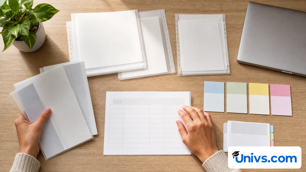 Hands arranging blank document sleeves, a checklist, and colored requirement cards on a desk.