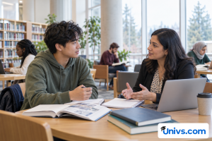 A student discussing course options with an academic adviser in a bright library meeting area
