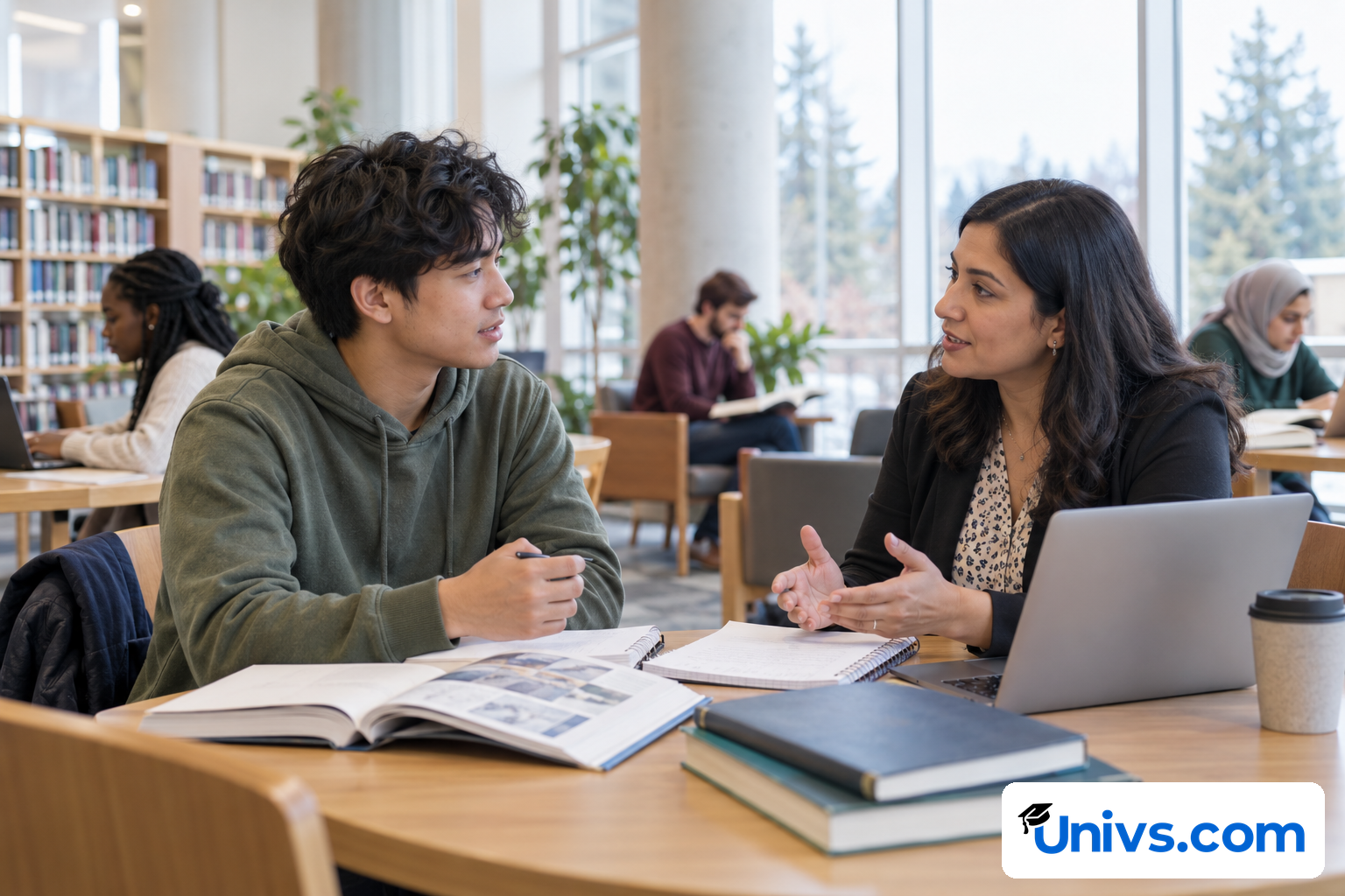 A student discussing course options with an academic adviser in a bright library meeting area