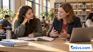 A student discussing course options with an academic adviser in a bright library meeting area
