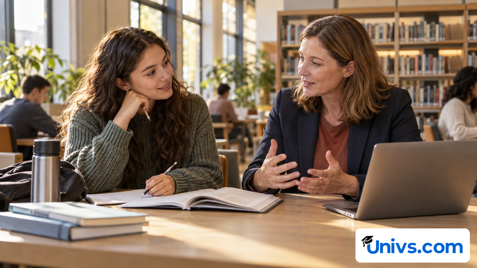 A student discussing course options with an academic adviser in a bright library meeting area
