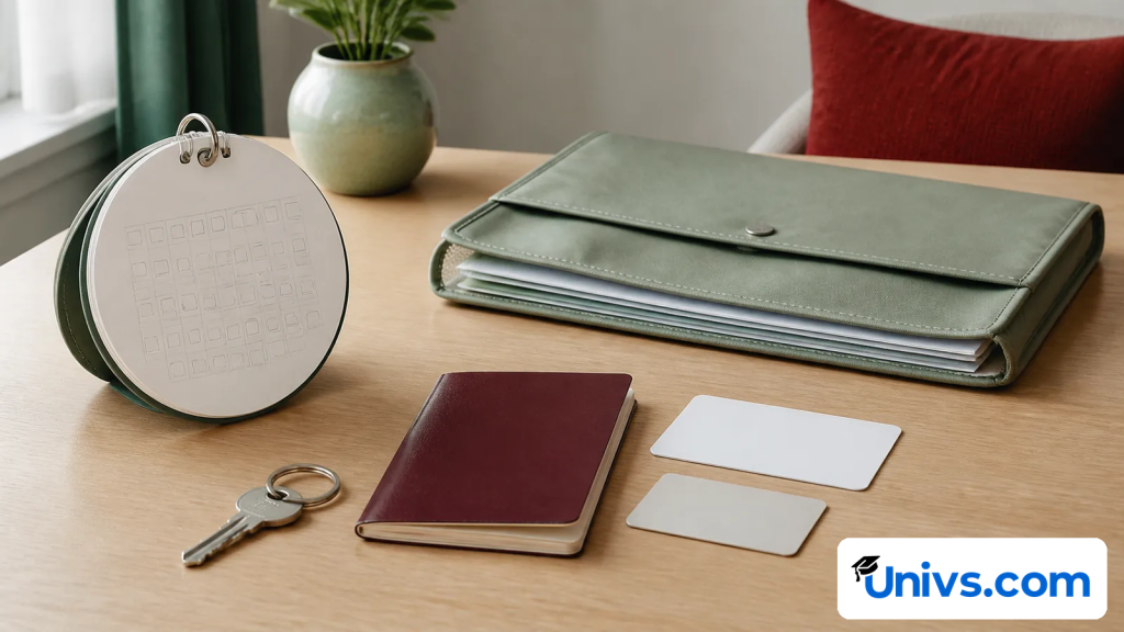 Key beside a blank planner, document folder, booklet, and blank cards.