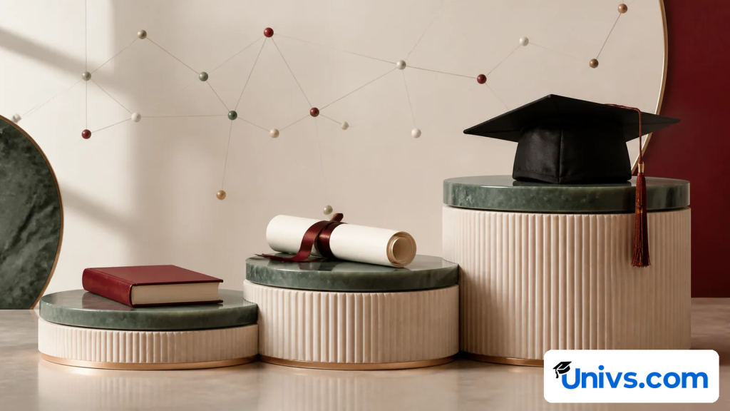 Book, diploma tube and graduation cap arranged on three ascending academic levels.