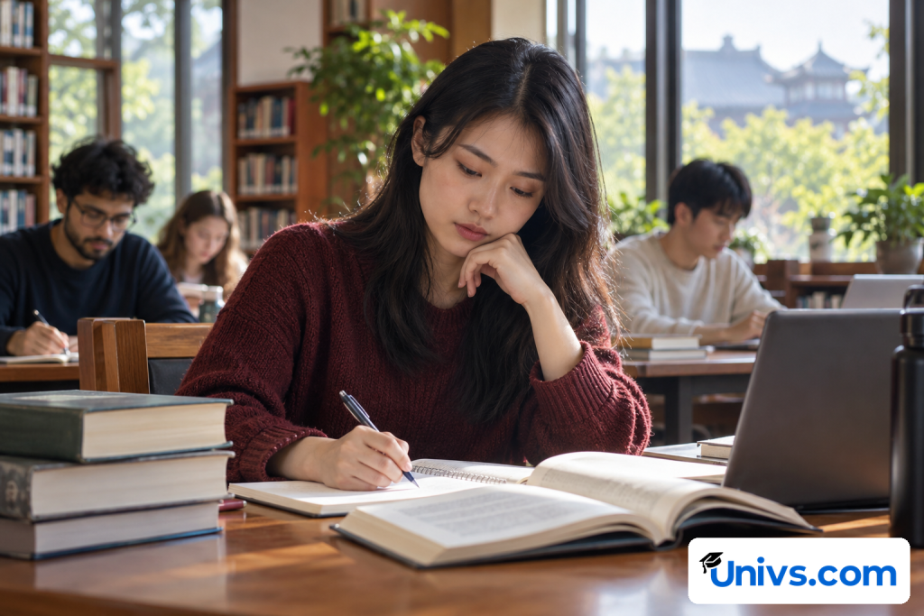 A university-age student studying course materials at a library desk, open notebook and books, engaged thoughtful expression