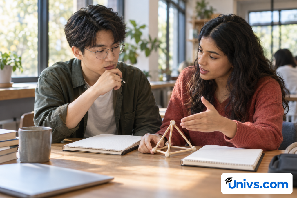 Two students discussing two degree options using separate plain notebooks and a small geometric teaching model