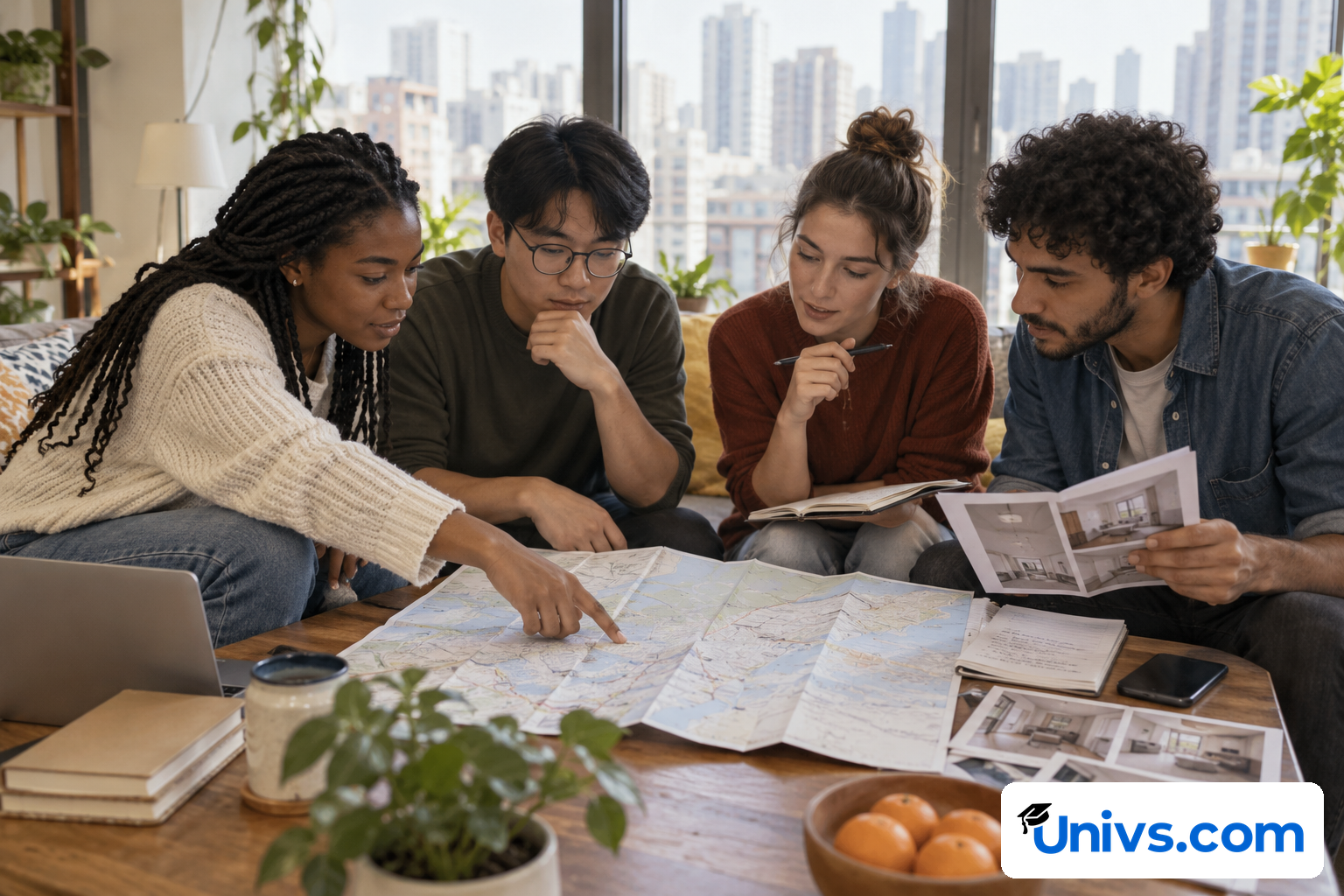 Students comparing city living options using a blank folded map and housing notes in a bright urban apartment, no named skyline or landmark
