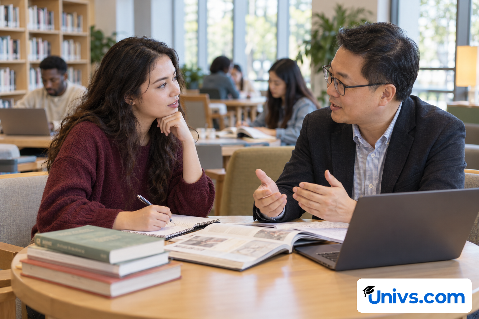 A student discussing course options with an academic adviser in a bright library meeting area
