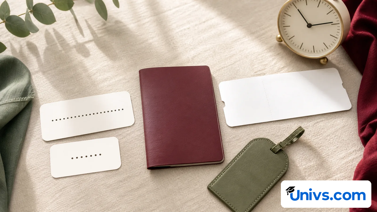 An unmarked red booklet, blank planning cards, a clock and a luggage tag arranged on a table.