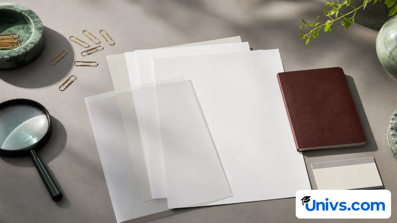 Blank academic papers, translation sleeves and a magnifying glass arranged for admission review.