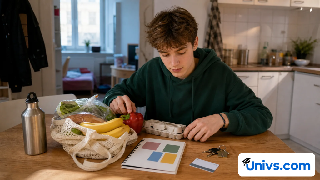 Student budgeting at an apartment table with groceries, keys and a blank transit card.