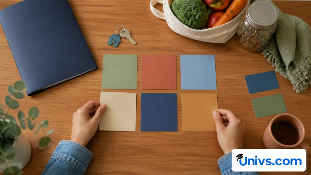 Student arranging colour-coded study budget categories with housing keys, groceries and savings.