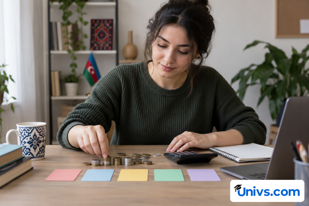An adult student planning a study budget at a simple desk, arranging coins and blank colour-coded expense cards beside a notebook and a calculator with an unreadable display.