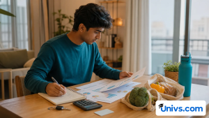 Student comparing budget categories beside groceries and a calculator.