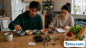Two students sort budget tokens beside groceries, coins, a calculator and housing keys.