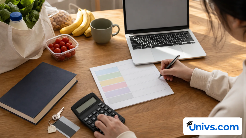 Student comparing colour-coded budget categories with a calculator and everyday living items.