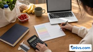 Student comparing colour-coded budget categories with a calculator and everyday living items.
