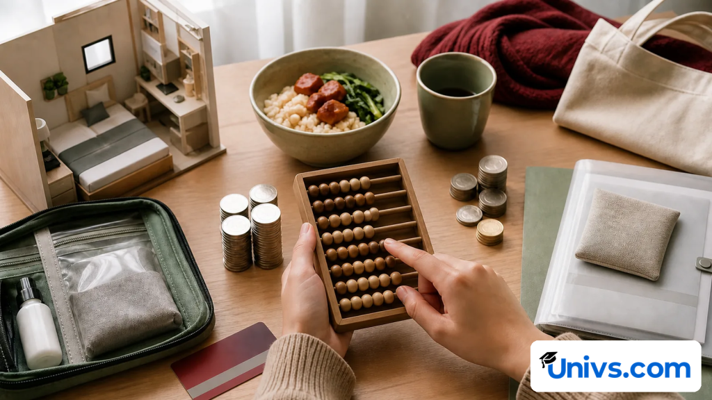 Hands using a wooden abacus beside coin stacks, a miniature room, a meal and a toiletry case.