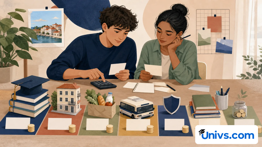 Two students budgeting for tuition, housing, food, transport, insurance and study materials.