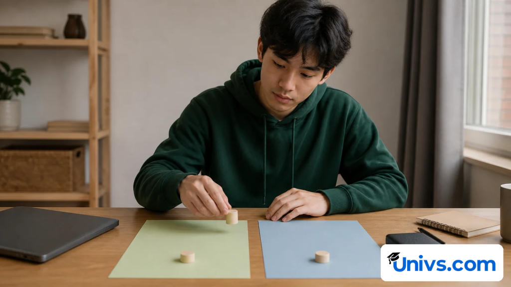 Student comparing two blank tuition-fee scenarios with plain wooden markers.