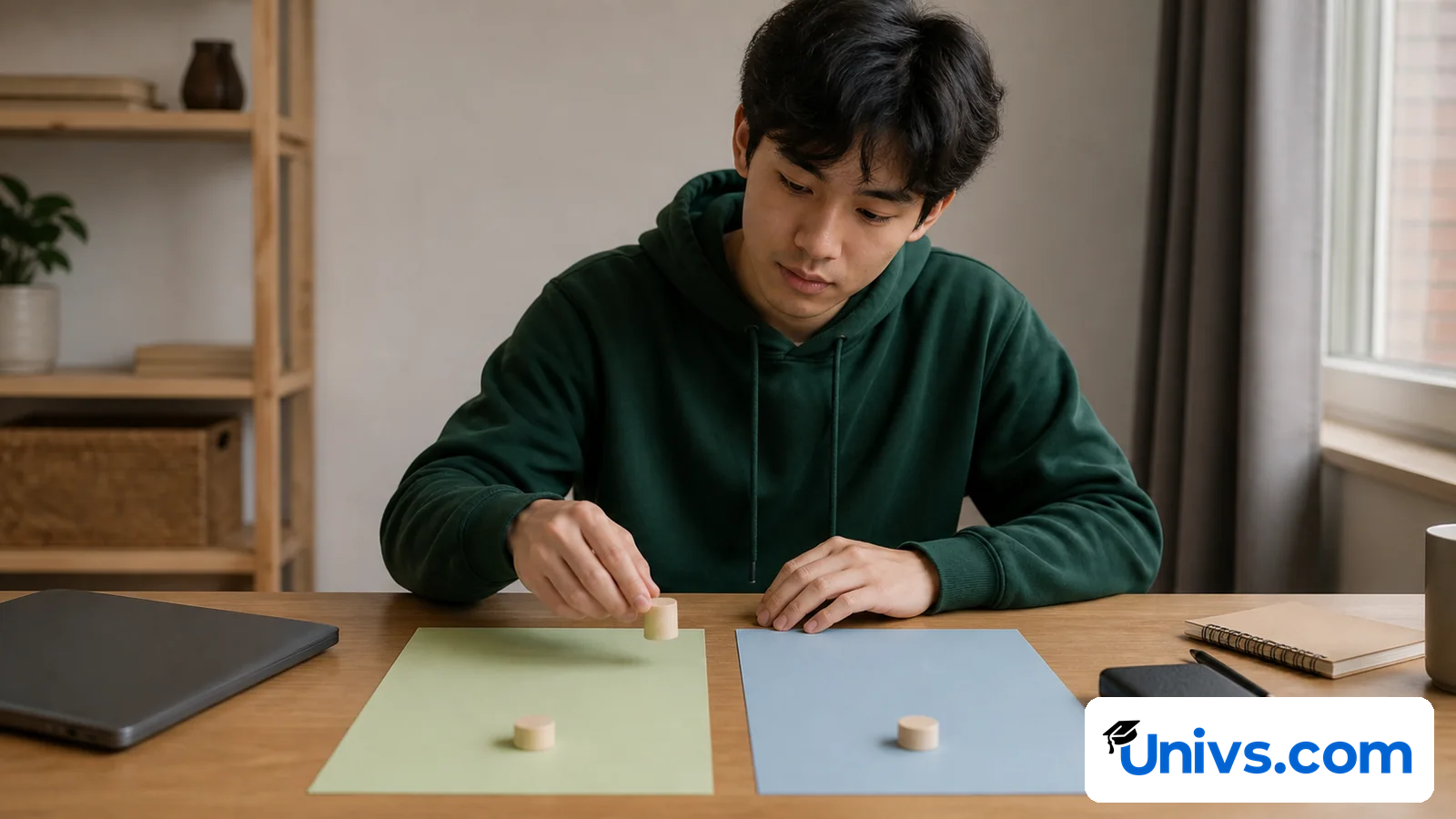 Student comparing two blank tuition-fee scenarios with plain wooden markers.