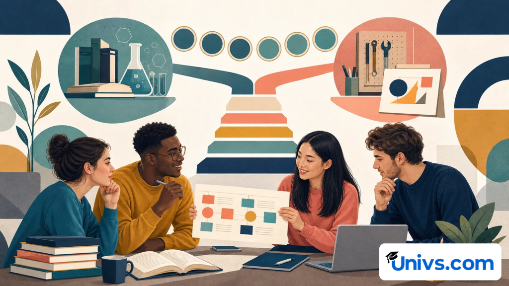 Students compare an academic path with a hands-on training path using books, lab glassware and tools.