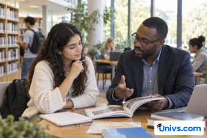 A student discussing course options with an academic adviser in a bright library meeting area