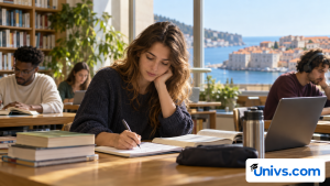 A university-age student studying course materials at a library desk, open notebook and books, engaged thoughtful expression