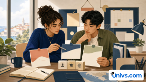 Two students comparing several blank scholarship opportunity cards and eligibility criteria.