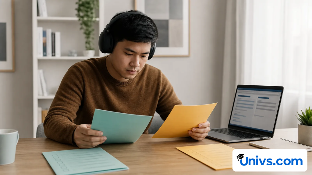 Student reviewing two blank sheets beside a laptop.