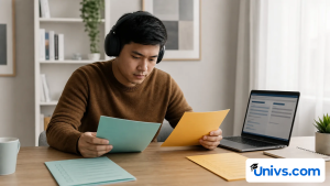 Student reviewing two blank sheets beside a laptop.