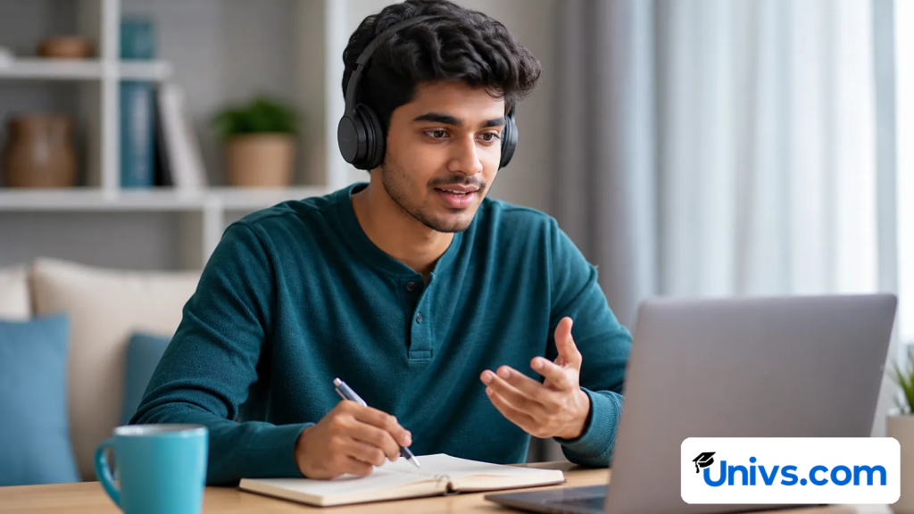 A student studies with headphones while speaking and writing beside a laptop.