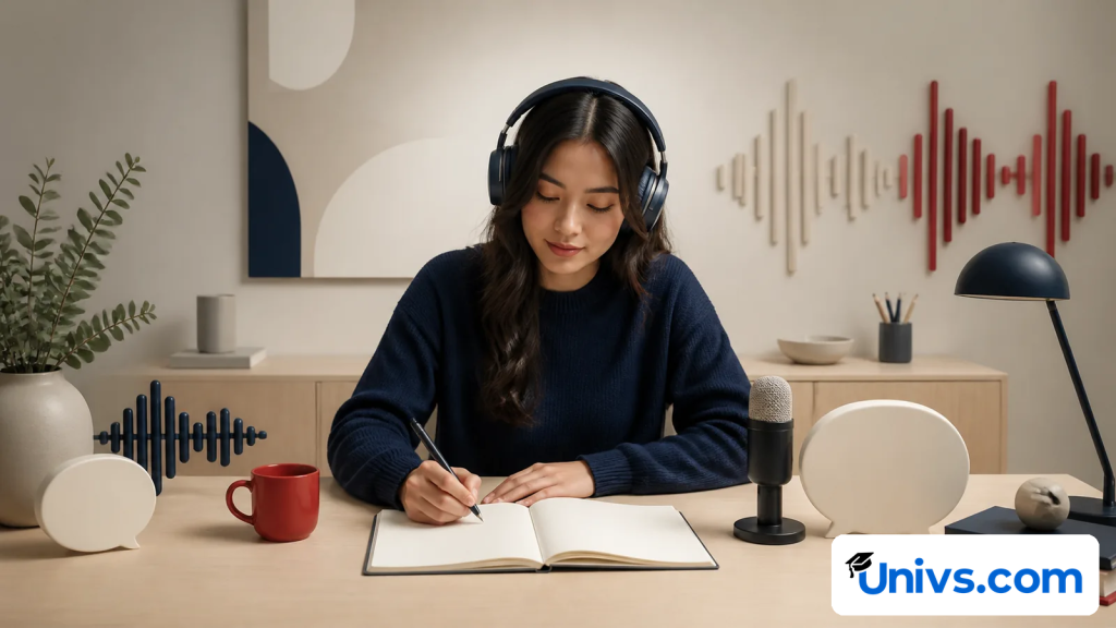 A student writes in an open notebook while wearing headphones beside a microphone.